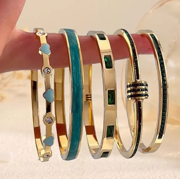 Elegant Fashion Bangle Bracelet Set, Stackable Gold Bracelet Set, Trendy Exquisite Pink Bracelet, Suitable For Daily Party Clothing Decoration, Birthday Gift, Mother's Day Gift, Also a Gift For Her, Friendship & Love Bracelet Gift(5pcs)