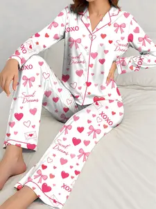 Women's Short-Sleeve Valentine Heart Satin Pajama Set - Pink XOXO Button-Up Sleepwear, Romantic Cozy PJs Gift for Her