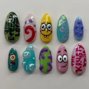 Handmade Ocean Cartoon Press On Nails | 3D Abstract Eyes, Swirls, Goo Bubbles & Graffiti On Colorful Base | Nails For Funky Fun Vibe