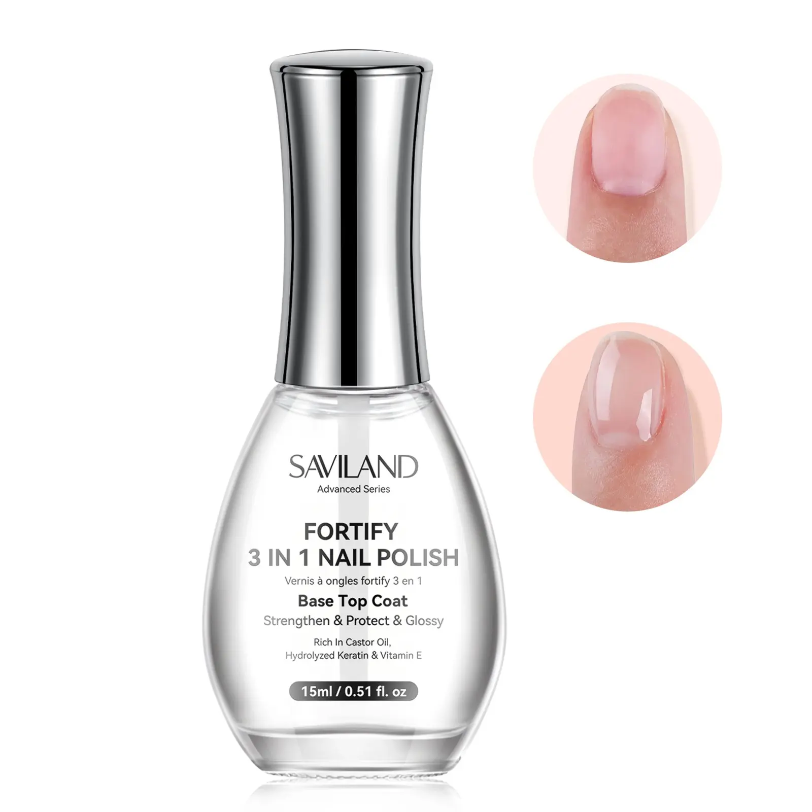 SAVILAND 3 in 1 Base Top Coat Nail Strengthener 15ml Bottle Air Dry Natural Clear Healthy Nail Polish Nail Strengthener Glossy Regular Nail Lacquer for Weak Thin Nails Home DIY Cosmetic Manicure Essential Women Gift