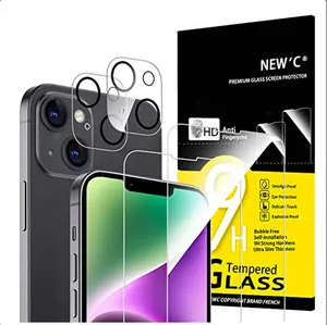 NEW'C 4 Pack, 2 Pack Screen Protector for iPhone 14 [6.1 inch] + 2 Pack Camera Lens Protector, Sensor Protection,Case Friendly Tempered Glass Film