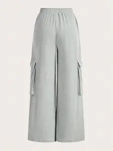 Women's Plain Flap Pocket Cargo Pants Knit, Casual Aesthetic Streetwear Wide Leg Trousers for Spring & Fall, Women's Bottoms for Daily Wear
