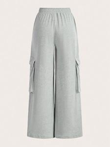 women's plain flap pocket cargo pants, casual streetwear wide leg trousers for spring & fall, women's bottoms for daily wear, womenswear, loose casual fashion wideleg pants