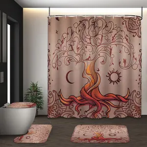 LVRLVR 4Pcs Tree of Life Sun Moon Print Boho Spiritual Multi-Color Shower Curtain Set 70.8×70.8 Inch