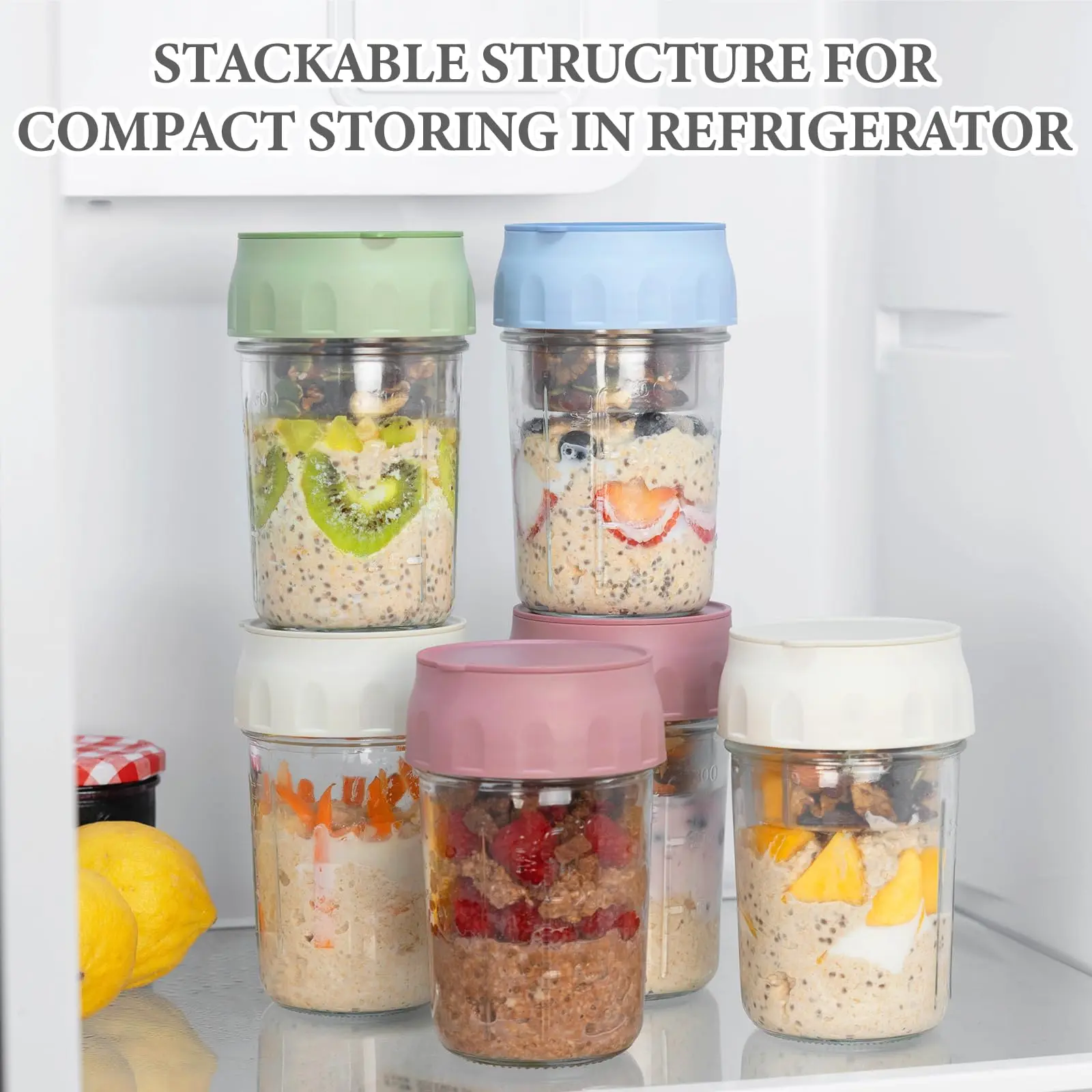 4 Pack Overnight Oats Containers with Lids, Folding Spoons and Divided Compartments for Fruit & Nuts, Small Glass Mason Jars for Oatmeal Yogurt Parfait