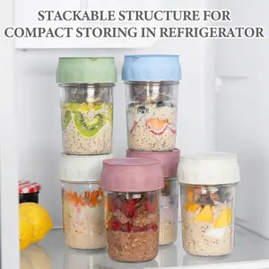 4 Pack Overnight Oats Containers with Lids, Folding Spoons and Divided Compartments for Fruit & Nuts, Small Glass Mason Jars for Oatmeal Yogurt Parfait