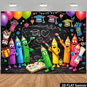 2D Flat Banner Polyester Photography Backdrop, HD digitally printed with colorful cartoon pencils, graduation caps, and balloons on a blackboard design, a soft, lightweight, foldable, machine washable background cloth for graduati