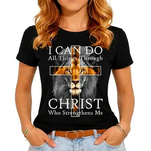 [100% Cotton] I Can Do All Things Through Christ Christian Lion Faith  Women'S Men Graphic Tee Casual Round Neck Short Sleeve   For Men And Women T-Shirt