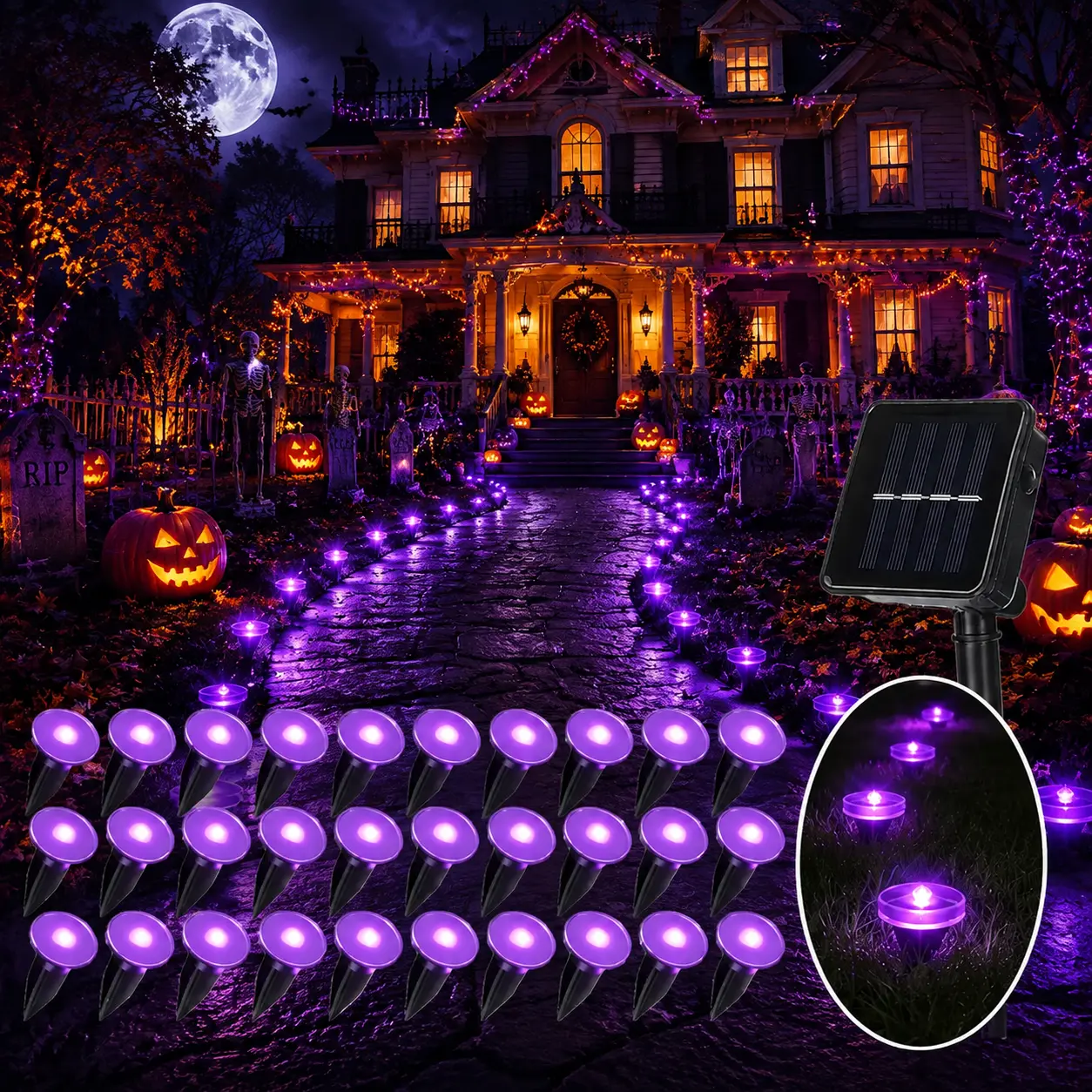 30-LED Purple Solar-Powered Halloween Path Lights - Outdoor Ground-Mounted Lights, 8 Lighting Modes, IPX4 Waterproof, Ideal for Halloween Nights, Lawns, Garden Decor, Walkways, and Patios