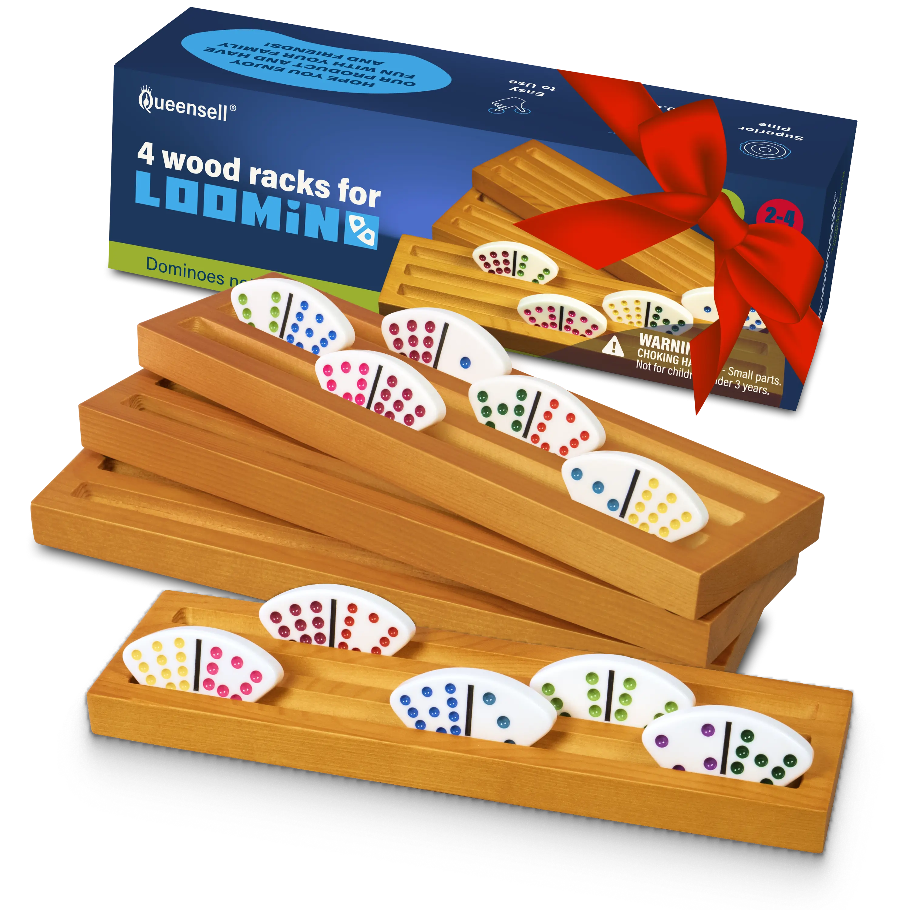 Queensell Loomino Holders Curved Dominoes Racks Set of 4 Ergonomic Design for Loomino Double 6 & Mexican Train Double 12 Anti-Slip Pine Wood