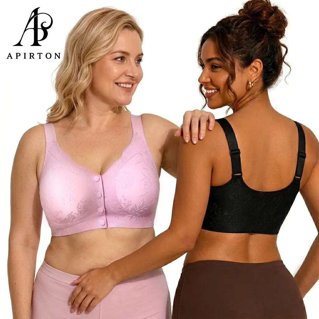 APIRTON Women's Wirefree Front-Closure Button Bra - Everyday Floral Seamless Full Coverage Bra with Easy Snap Closure, Smooth Back Support, Comfortable Basic Fit