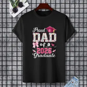Senior 2026 Proud Dad Of A 2026 Graduate Family Coquette T-Shirt, 100% Cotton, Single Side Printed, Black Short Sleeve T-shirt, Gift for Family Friends, S-XXXL, 1 pc, Fabric Weight 180g