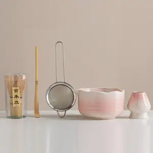2/4/5pcs Pink Matcha Set, Ceramic Faucet Tea Cup, Breakfast and Latte Making Tools Set, suitable for home kitchen, a formal matcha set gift for tea lovers