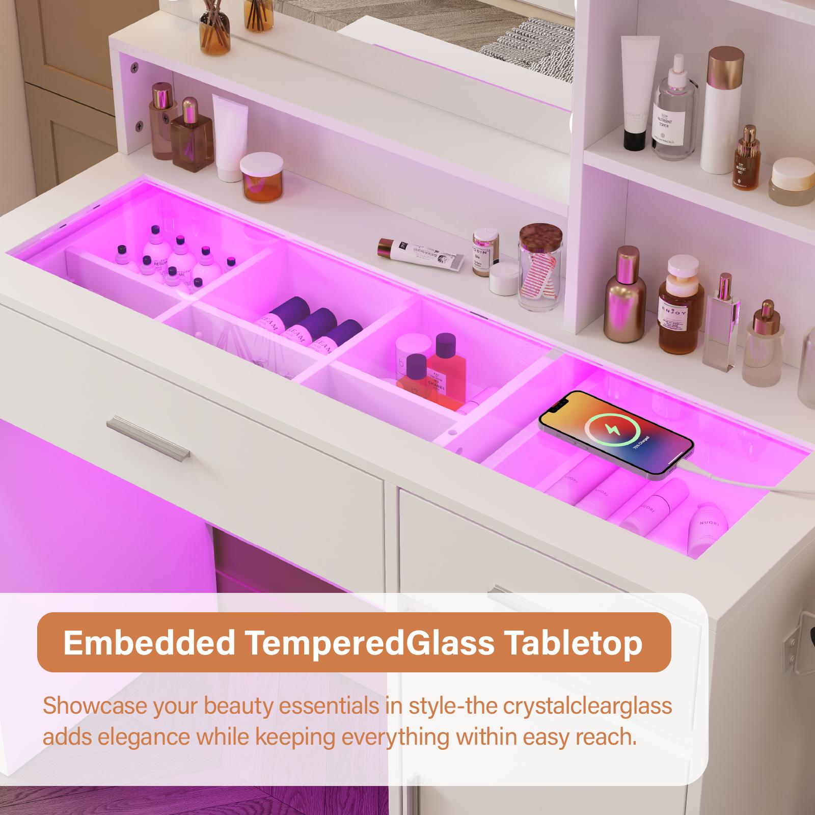 39" LED Vanity Desk with Mirror & Lights – Tempered Glass Top, 2 RGB Drawers & Built-in Power Outlet Vanitydesk