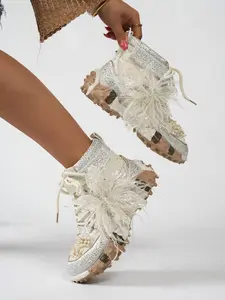 New Sweet Cool Style High Top Shoes for Women, Mesh Butterfly Knot Thick Sole Boots, Rhinestones Heel Dad Shoes