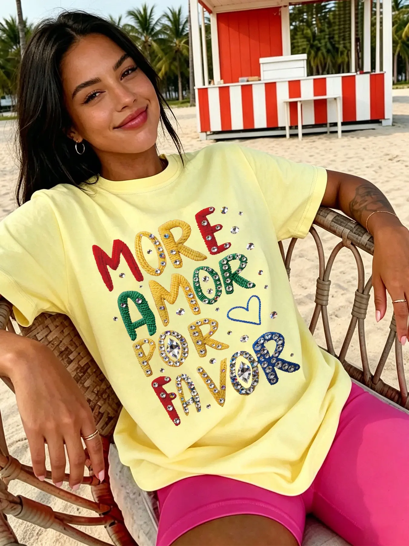 Women's Oversized 'more Amor Por Favor' Rhinestone Print T-Shirt, Casual Vacation Top, Summer Plus Size Tee, Street Style, Loose Fit