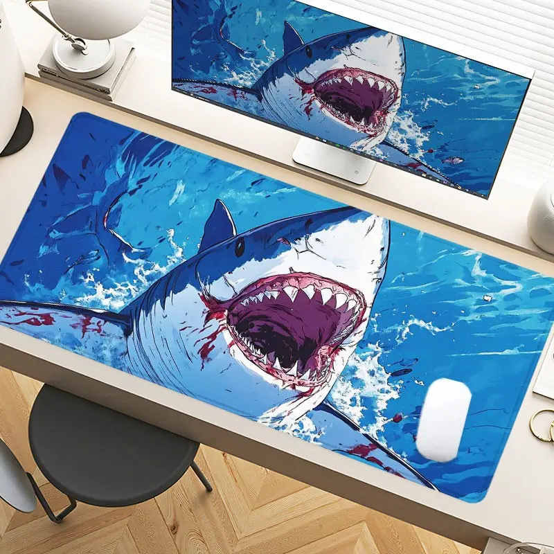 Shark Attack Ocean Blue Desk Pad Gaming Mousepad XXL Mouse Pad For Laptop Desk Mouse Pad Extra Large With Non-Slip Rubber Base Stitched Edges Surface For PC Gamers Office Workers & Home Use Perfect For Christmas Birthday Gift