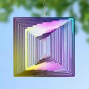 Single-Pack Rainbow-Colored Wind Spinner, Outdoor Metal 3D Wind Spinner, Hanging Yard and Garden Decoration Gift, Stainless Steel Square 3D Wind Chime