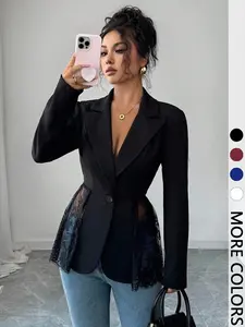 Women's Elegant Lace Patchwork Slim Fit Long Sleeve Blazer Jacket, Perfect for Office, Dates and Parties