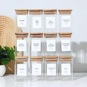 12-Piece Square Shape Glass Spice Jars with Bamboo Lids, Leakproof Airtight Containers, Mason Jars for Spice Seeds & Dry Goods, Minimalist Home Organizer Kitchen Essential,summervibes