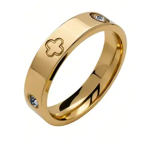 1pc Luxury Stainless Steel Lucky Clover Couple Ring, Sparkling Crystal Embellished, Fine Jewelry For Lovers Everyday Wear