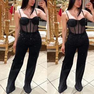 Reny Rhinestone Wide Leg Jeans - Fashionable Design with Rhinestone Detailing