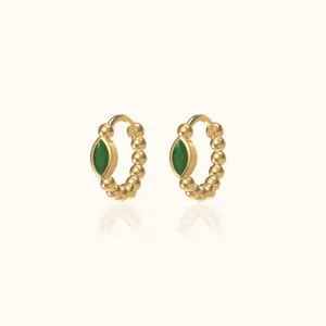 Oval Green CZ Bead Hoop Earrings