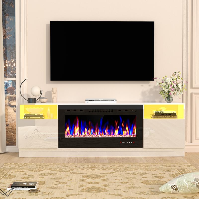 【2 Packages Shipping】Dragosum 70" Fireplace TV Stand,  LED Light Entertainment Center, TV Stand for TVs Up to 80" with 36" Electric Fireplace, TV Console for The Living Room,Storage Cabinet, Media Console Table