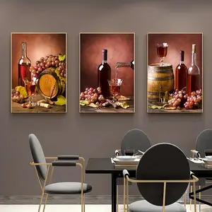 3pcs Wine Barrel & Glass Canvas Print - Frameless Modern Art for Dining, Bedroom & Living Room Decor - Autumn Style Wall Hangings