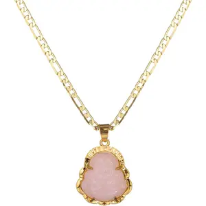 Plated Buddha Pendant Necklace for Women Men 3MM Flat Figaro Chain Necklace Blue Green Pink White Yellow Buddha Head