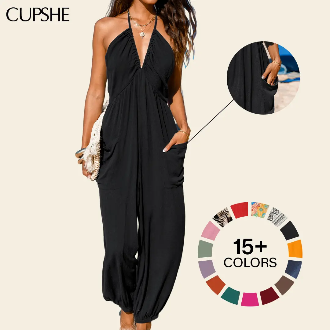 CUPSHE Women's Sleeveless Plunge Halter Wide Leg Jumpsuit - Adjustable Strap, Lightweight Rayon, Pockets, Tropical Print, Casual Fashion Jumpsuit, Stylish Women's Wear, Beach Outfits for Summer Resort Holiday #tiktokshopmemorialday