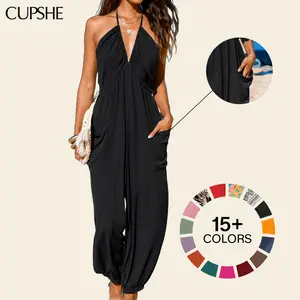 CUPSHE TikTokShopSpringGlowUp Plunge Halter Wide Leg Jumpsuit with Pockets Sleeveless Overalls– Adjustable Strap Lightweight Tropical Print Resortwear SpringStatements
