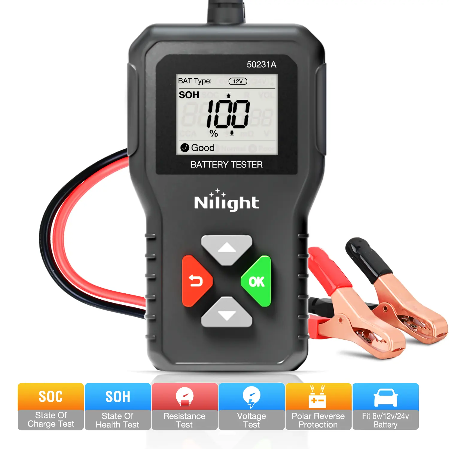 Nilight Digital Car Battery Tester - 6V/12V/24V Accurate Analyzer with 1.8-in HD Digital Display, 100-2000 CCA, 2Ah-220Ah, -20°C~65°C, SOH/SOC/Internal Resistance Test, English Interface, Reverse Safe, Visualized Results for Cars, Trucks