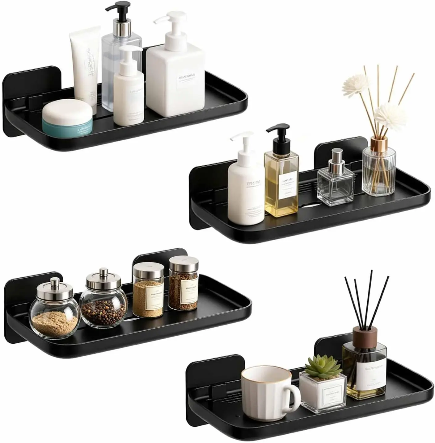 Command Shelves 4 Pack Floating Shelves for Wall, Self Adhesive Small Shelf, No Drill Adhesive Wall Shelf, Floating Shelves Damage-Free Expand Walls Space for Living Room Kitchen Bathroom (Black)