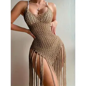 [Bohemian Fringe Lace Dress] Bohemian Women's Fringe Hem Lace Dress | Sleeveless Semi-Sheer Beach Resort Wear | Flowing Fringe Skirt, All-Season Casual to Semi-Formal Outfits | Easy Care (Hand Wash/Dry Clean)