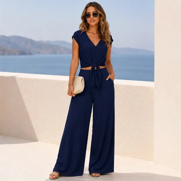 Women's Summer 2-Piece Comfortable Fabric Outfits - Cap Sleeve, V-Neck, Belted Crop Wrap Top & Wide Leg Pant Set, Beach Casual Tracksuit, 100% Polyester Chiffon Texture, Sleeveless Option