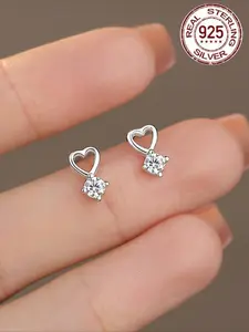S925 Sterling Silver Hollow Out Heart Design Earrings, Fashionable Zircon Decorated Earrings for Women, Trendy All-match & Exquisite Jewelry for Birthday Gift, Heart Shaped Earrings