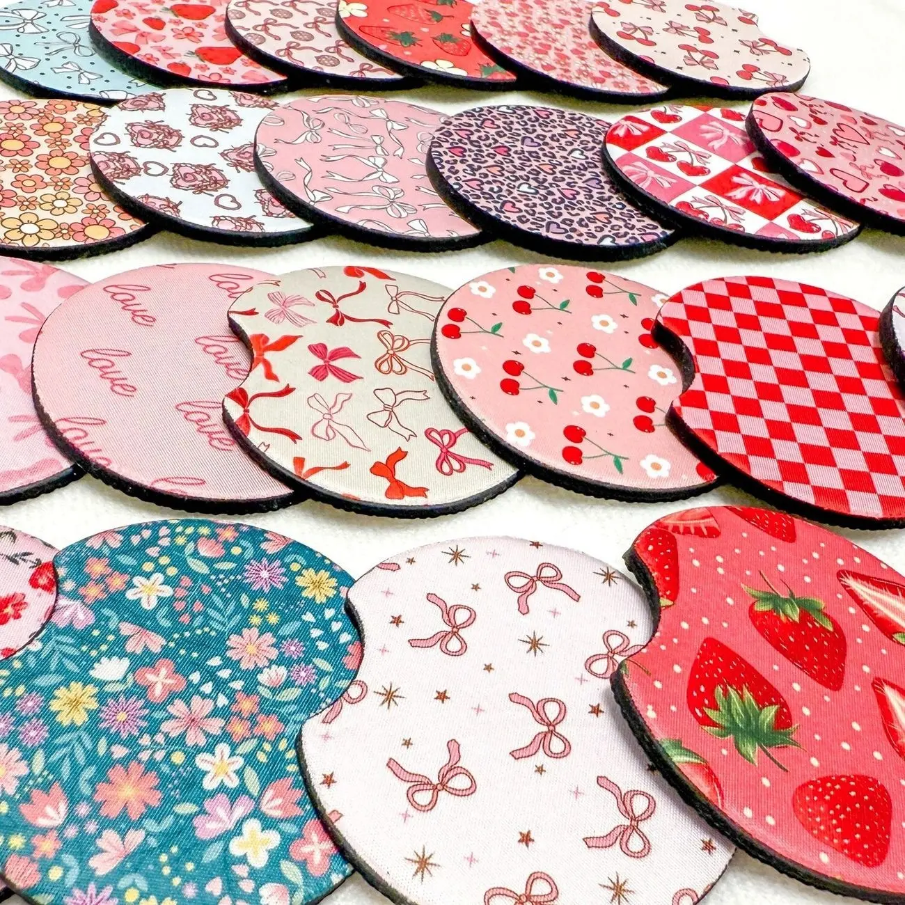 Cute Coquette Cherry Theme Car Coasters, Set of 2, Cute Aesthetic Car Coasters, New Car Gift, Gifts for Her, Car Decor