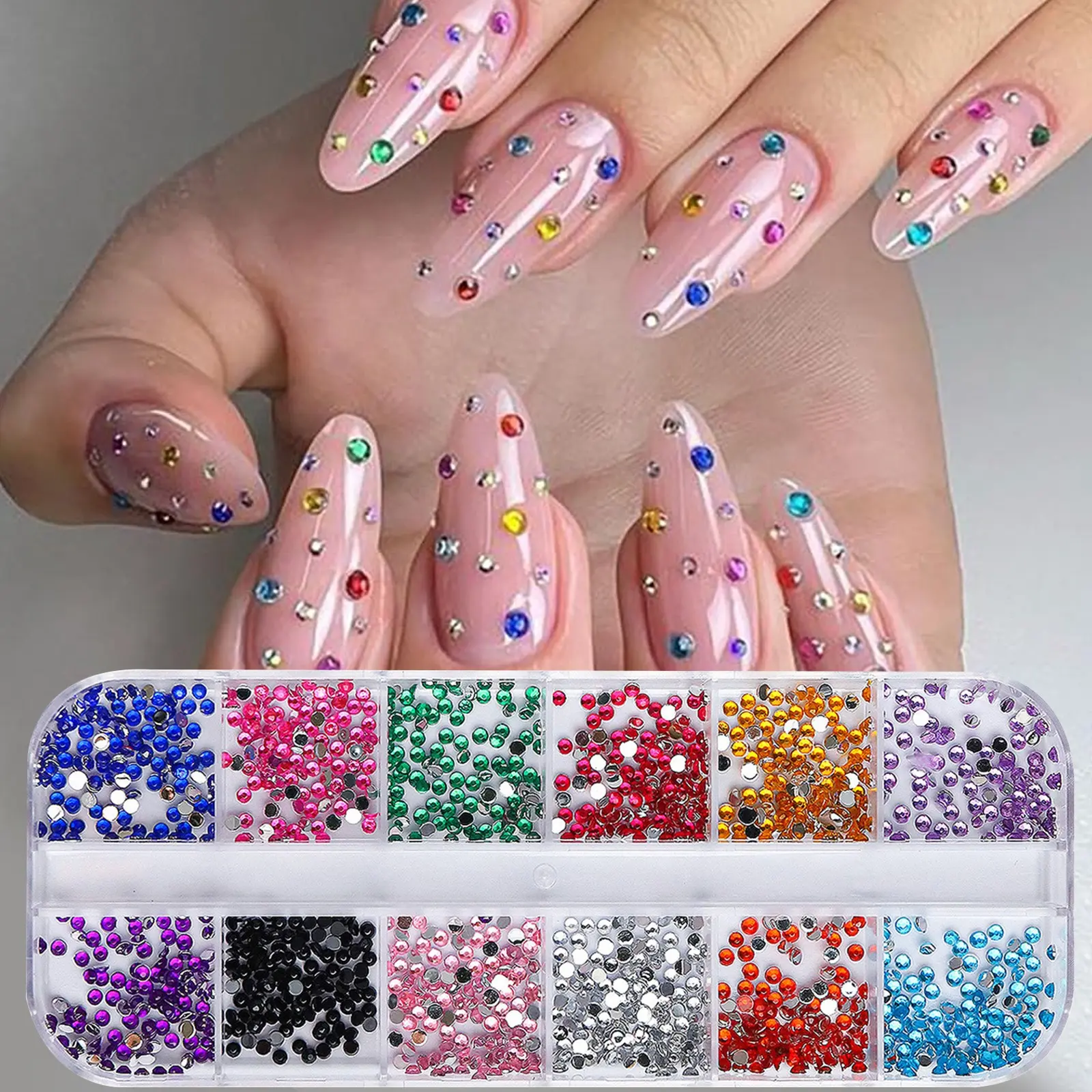 12 Grid nail Resin Rhinestones Shimmering Crystal Nail Art Rhinestones - Flatback Gemstones for Versatile Decoration - Adorns Nails Shoes Makeup Bags