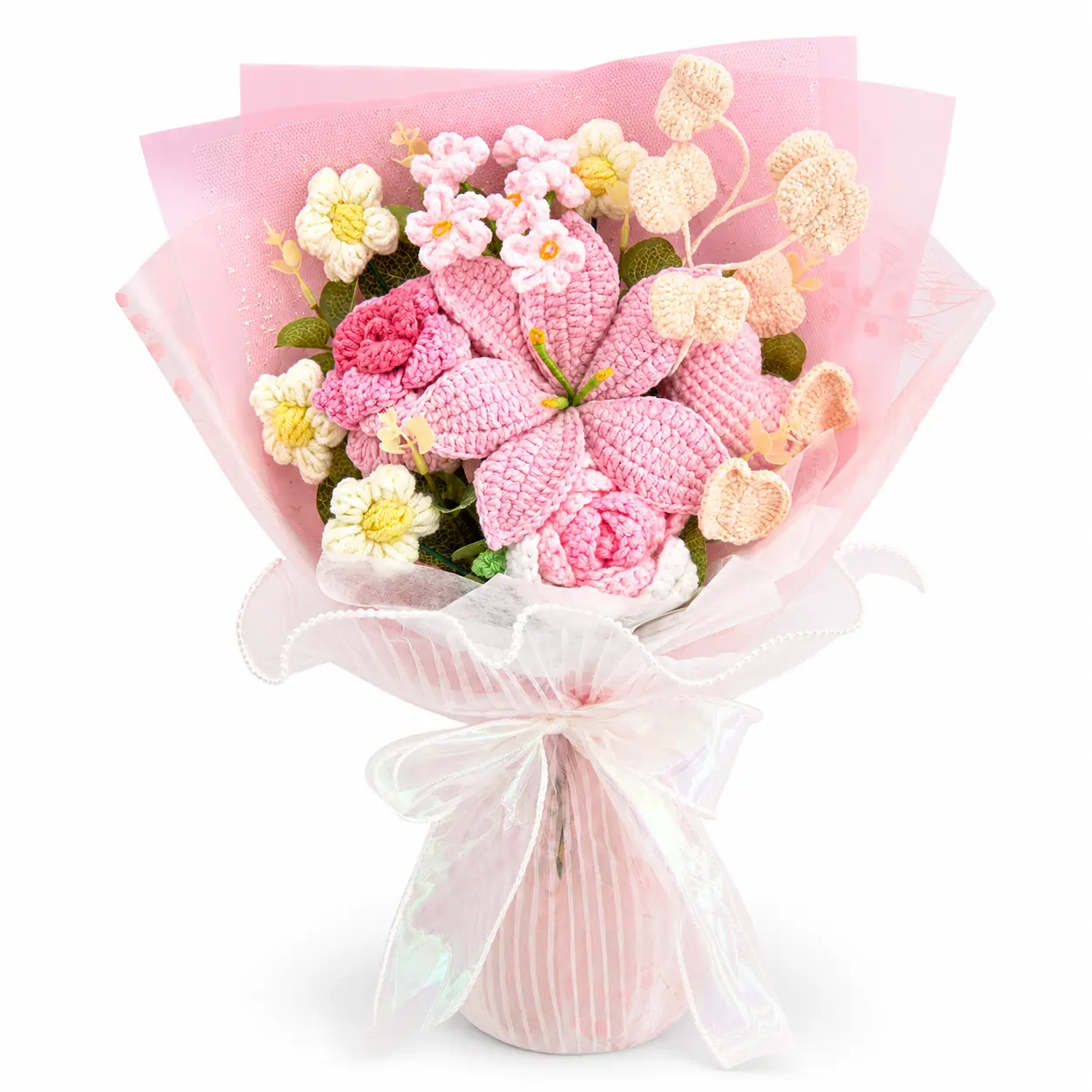 Handmade Crochet Flowers Bouquet Gift for Girlfriend Birthday Wedding Anniversary Just Because with Pink Lily Forever Flowers for Her with Greeting Card US Fast Shipping Romantic Home Decor Women's Gift Valentine’s Day Gift