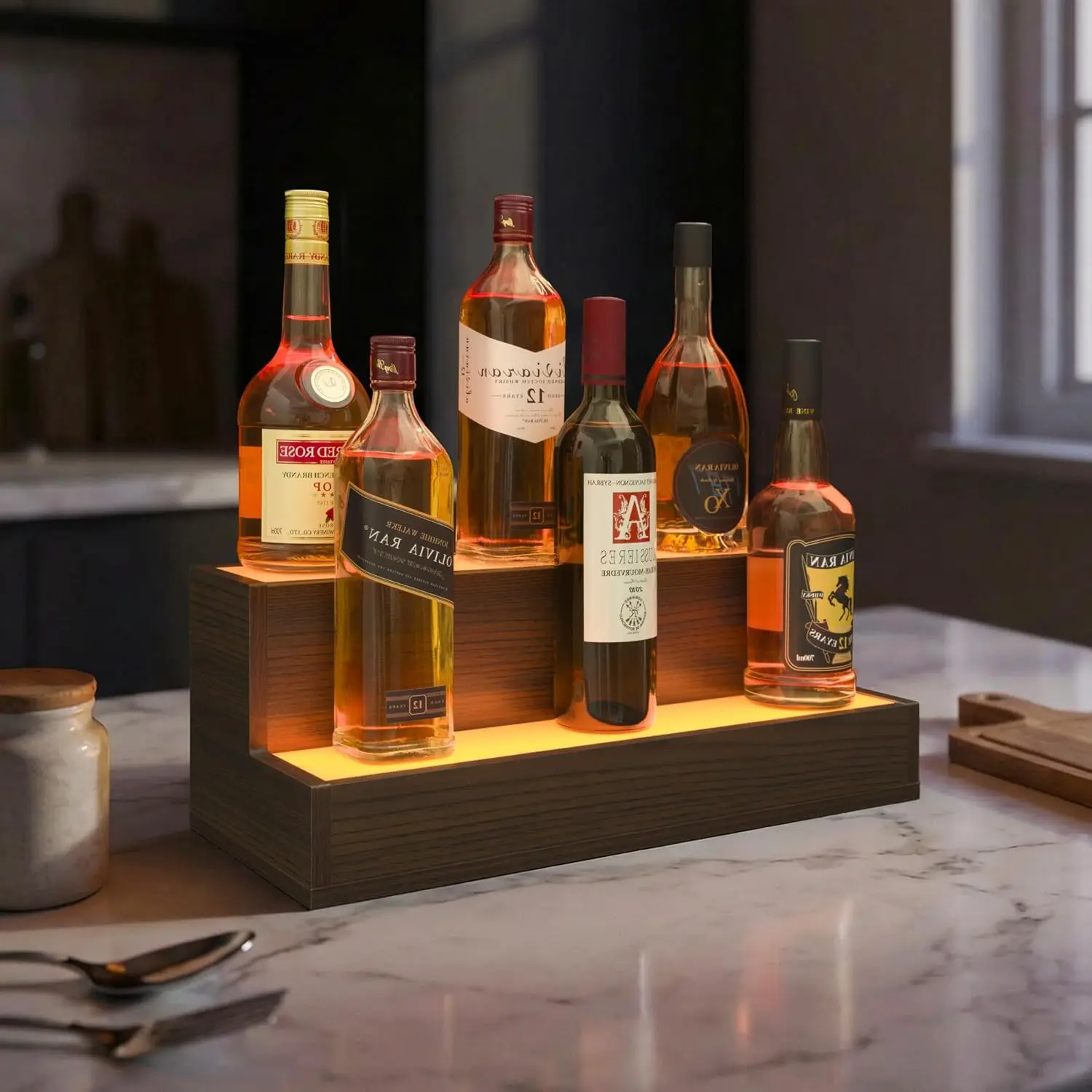 LED Wine Rack Bottle Shelf with Wood Finish, Home Bar Stand Decor & Organizer, Home Bar Accessories, Whiskey Display Shelf