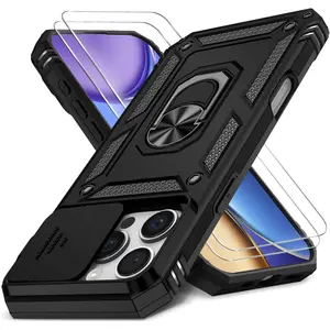 Case for iPhone 15 Pro Max with Slide Camera Cover+Screen Protector(2 Packs), Military Grade Shockproof Protective Cover, Rotated Ring Kickstand(B - Black)