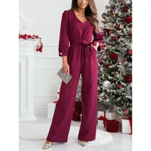 Tie V-Neck Long Sleeve Wide Leg Jumpsuit