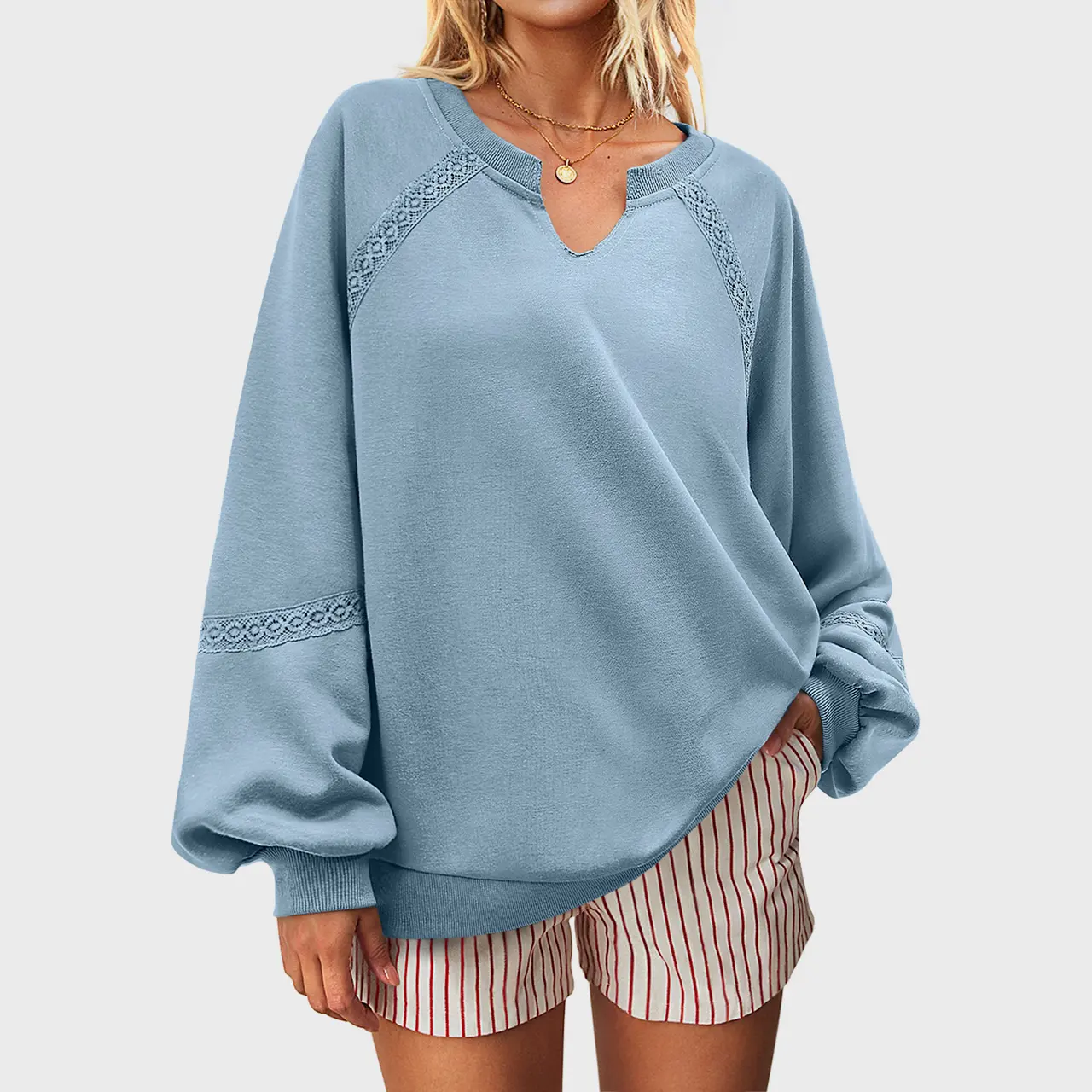 UEU Womens V Neck Crochet Sweatshirt Raglan Long Sleeve Oversized Pullover Loose Casual Knit Tops Lightweight Lace Jumper 2025 for Fall & Winter