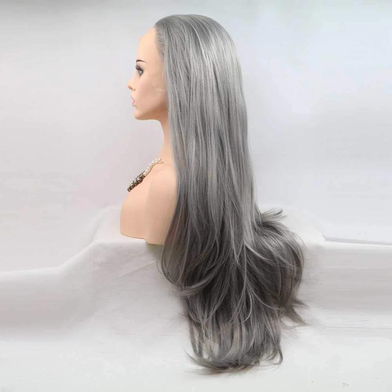 Grey Wig Synthetic Ash Grey Lace Front Wig Long Straight Hair Middle Part Natural Hairline Wig Heat Resistant Fiber Wig 180% Density 13x3 Lace Wig For n 24 inch