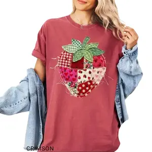 Comfort Colors PRINTED Strawberry T-Shirt, Patchwork Quilted Farmhouse Berry Tee, Rustic Gingham Floral Cottagecore Aesthetic, Vintage Tee