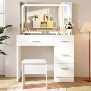WeCharmer Vanity Desk with LED Mirror, Makeup Vanity with Drawer and Cushion Stool, Dressing Table for Bedrrom