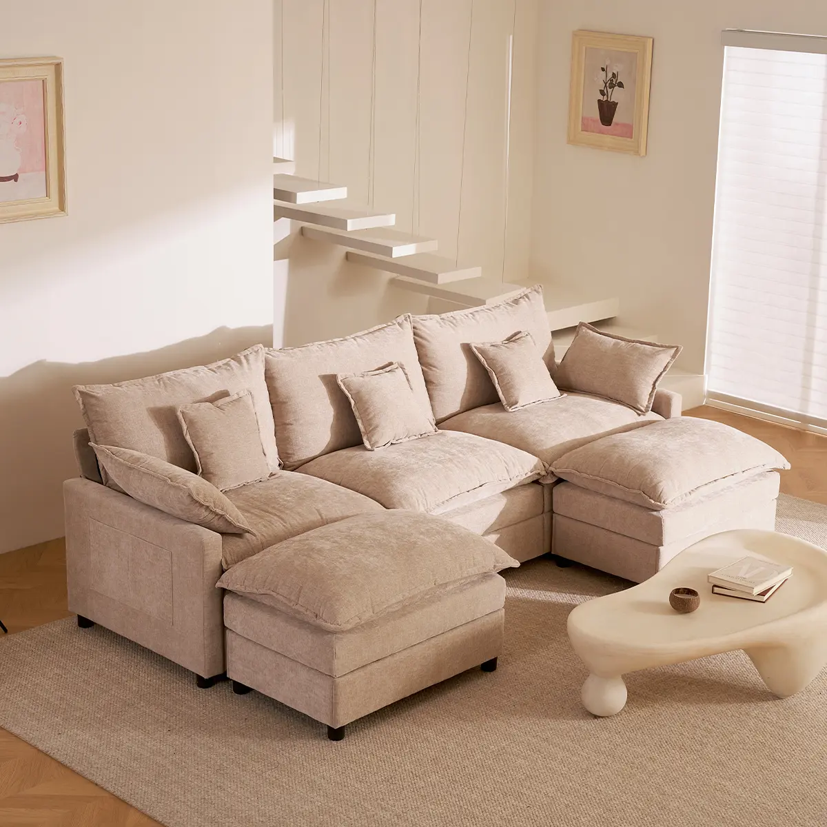 GOSUHI | 108" U-Shaped Modular Cloud Sofa, 3-Seater Sectional with 2 Movable Ottomans,Deep Seat,Chenille,Linen