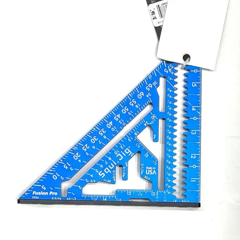 The Fusion Pro- Made in USA - Blue Next level of rafter squares!  3/16" x 1" Heel for deck board spacing & more  Trim time with ruler heel Quick mark inner design Easy to read crisp laser marks Built in blade wrenches 1/2" (13mm) & 9/16" (14mm) Scribe not