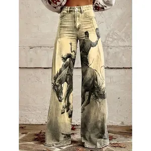 Women'S Western Cowboy Print Wide-Leg Faux Denim - 3D Printed Imitation Faux Denim Pants with Horse & Cowboy Action Scenes, Loose Comfortable High-Waisted Trousers, All-Season Casual to Semi-Formal Wear, Button Closure & Belt Loop (No Stretch Fabric) - W